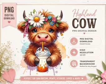 Caffè freddo Highland Cow PNG, sublimazione, download digitale