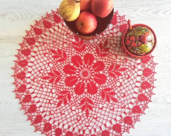 Handmade Red Crochet Doily: Vintage Floral Table Centerpiece (55cm)