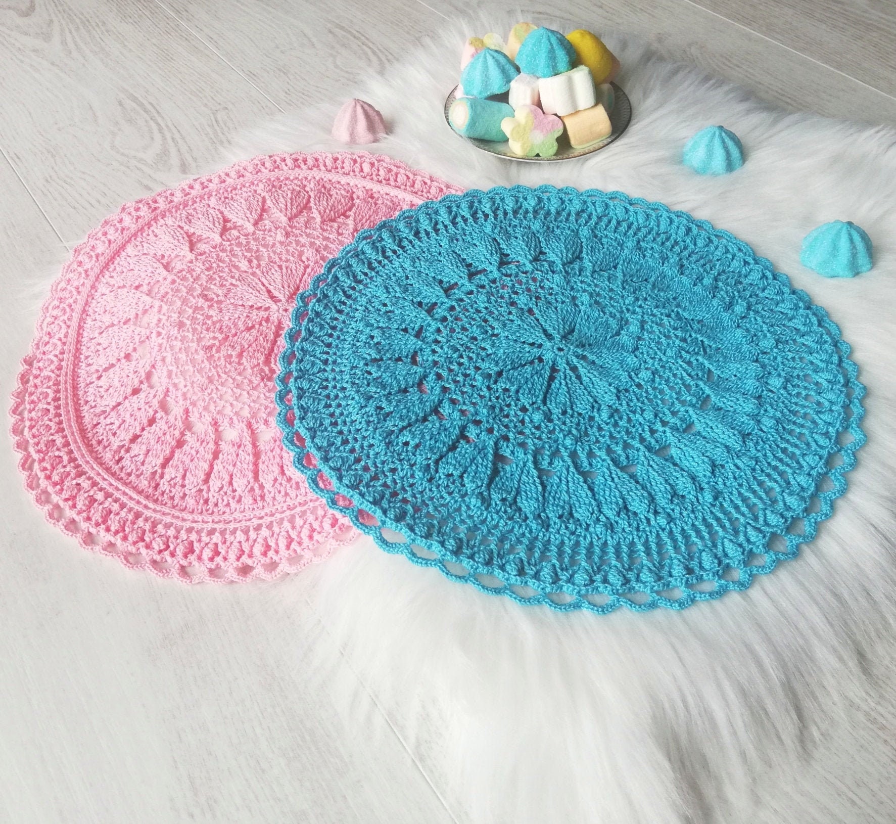 Décoration de Table Romantique Napperons Au Crochet avec Coeurs, Rose et Bleu Ciel Tapis Table, Pièc