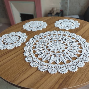 Vintage style table set of one white crochet doily and three coasters