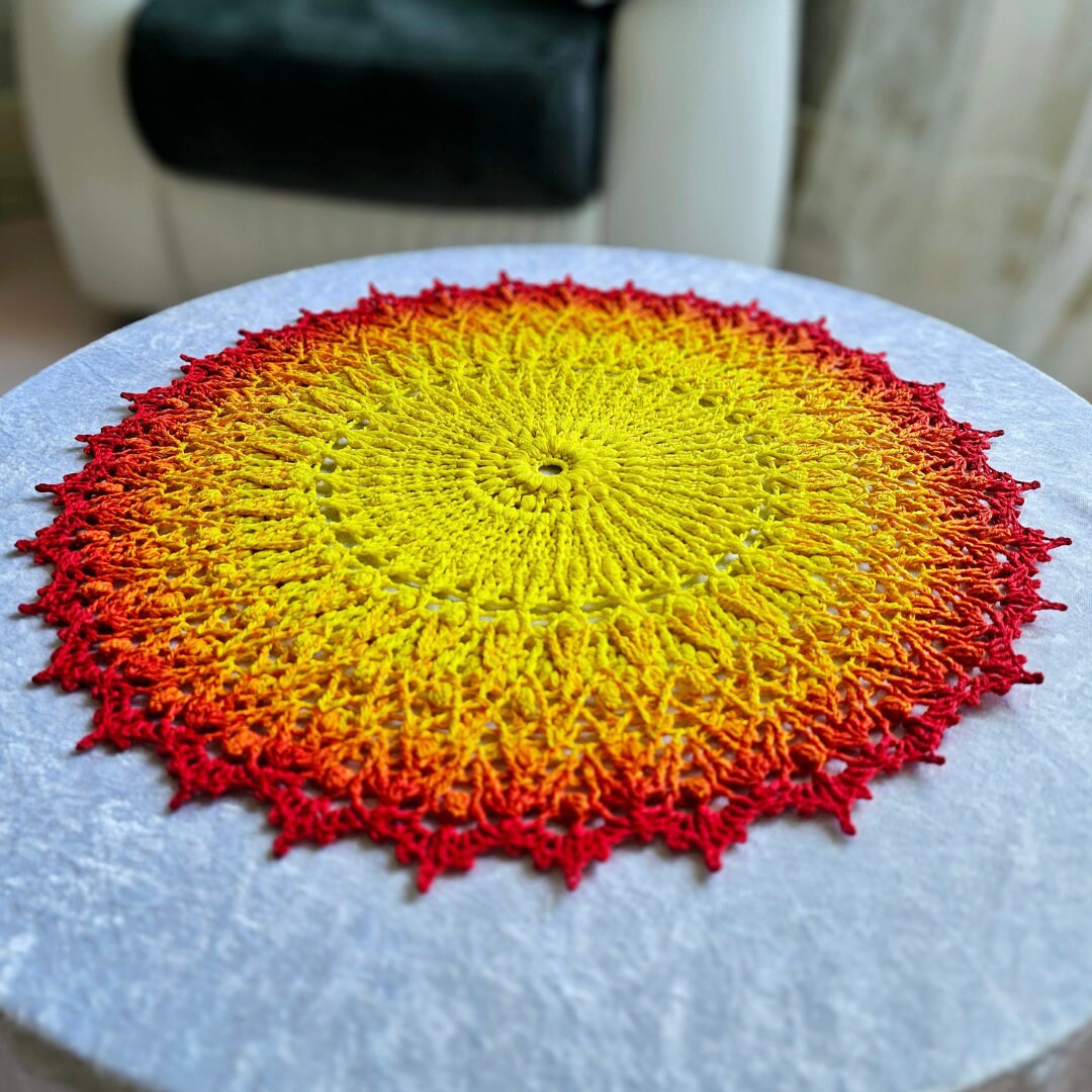 Crochet Round Table Topper in Bright Red and Yellow Colours Etsy