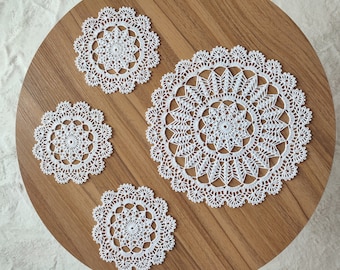 Vintage style table set of one white crochet doily and three coasters