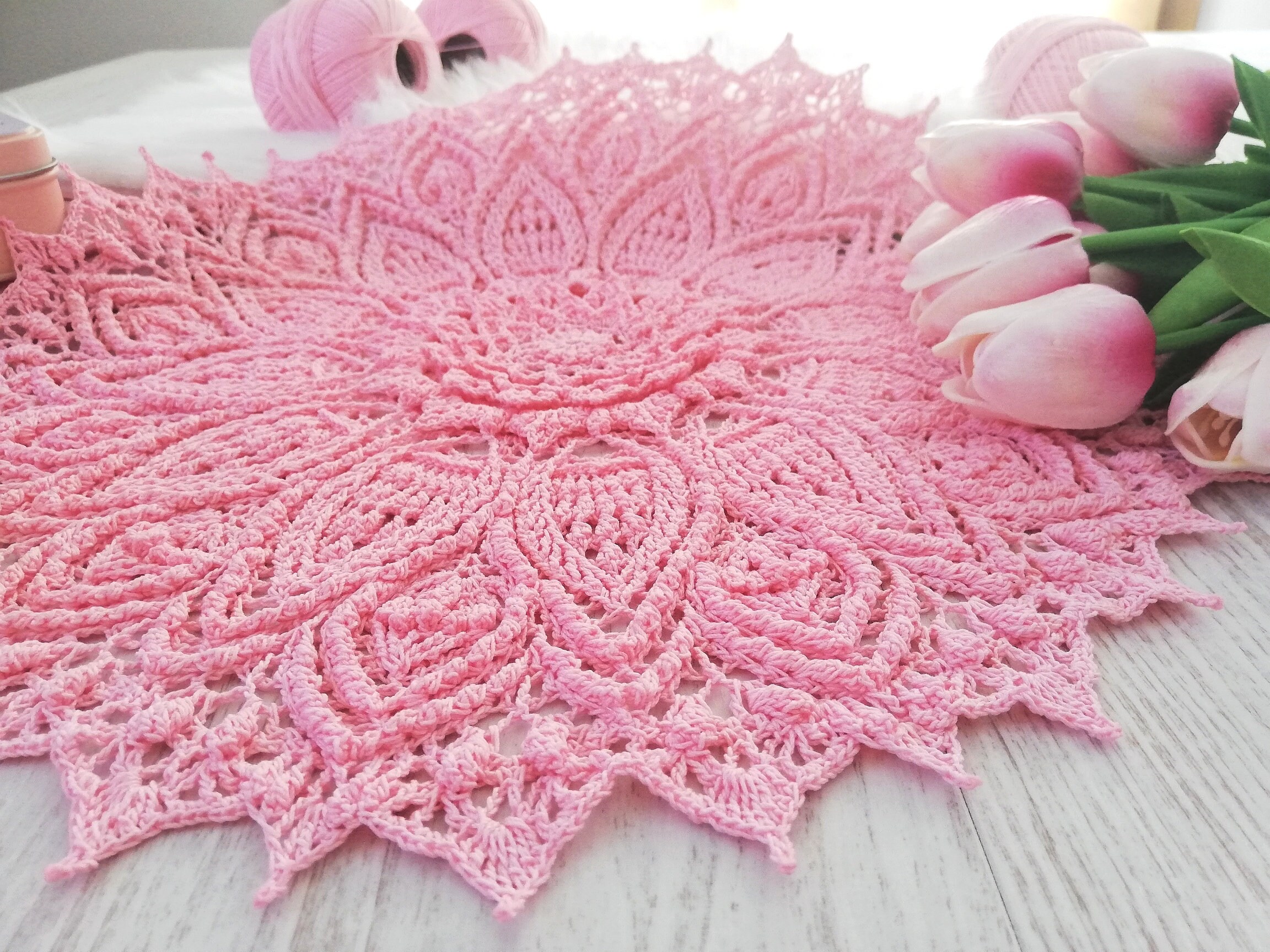 Rose Clair 3D Napperon Crochet, Décor de Table Écologique Fait Main, Main Tricoté Rococo Décor, Mand