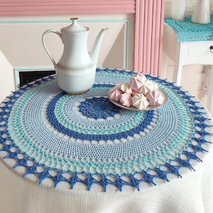 Blue round crochet tablecloth, large multicoloured centrepiece crochet, shabby chic table decor handmade