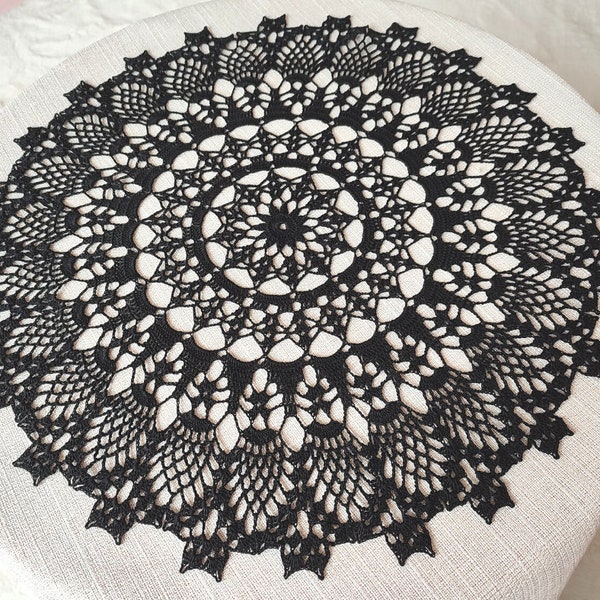 Black lace handmade crochet doily with gothic pattern