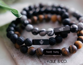 Bracciale con perline Sikh/Bracciale con perline Ik Onkar/Bracciale con perline Khanda/Nirbhau Nirvair/Punjabi/Regali Sikh/Sikhi/Perline di pietra/Sikhismo