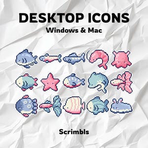 以下が含まれることがあります： サメ、ヒトデ、魚、ウミウシなど、さまざまな海の生き物を描いた12個のピクセルアートアイコンのセット。アイコンはカートゥーンスタイルで、WindowsとMacのデスクトップアイコンとして使用できます。