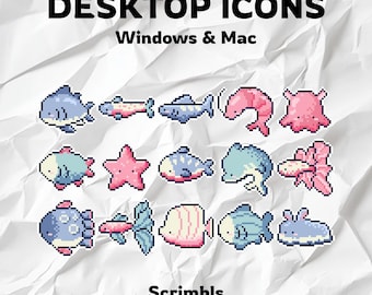 May include: A set of 12 pixel art icons featuring various sea creatures, including a shark, starfish, fish, and a sea slug. The icons are in a cartoon style and are perfect for use as desktop icons for Windows and Mac.
