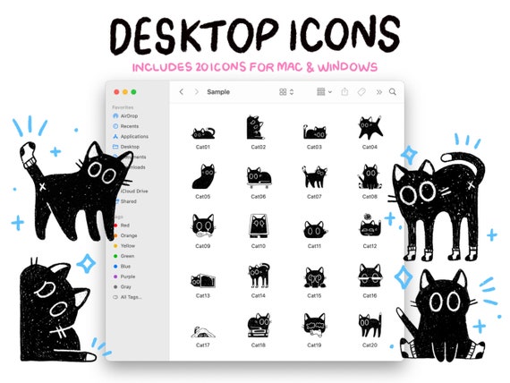 Cat Doodle Theme Computer Desktop Icon Folder Pack for Mac & -  Israel