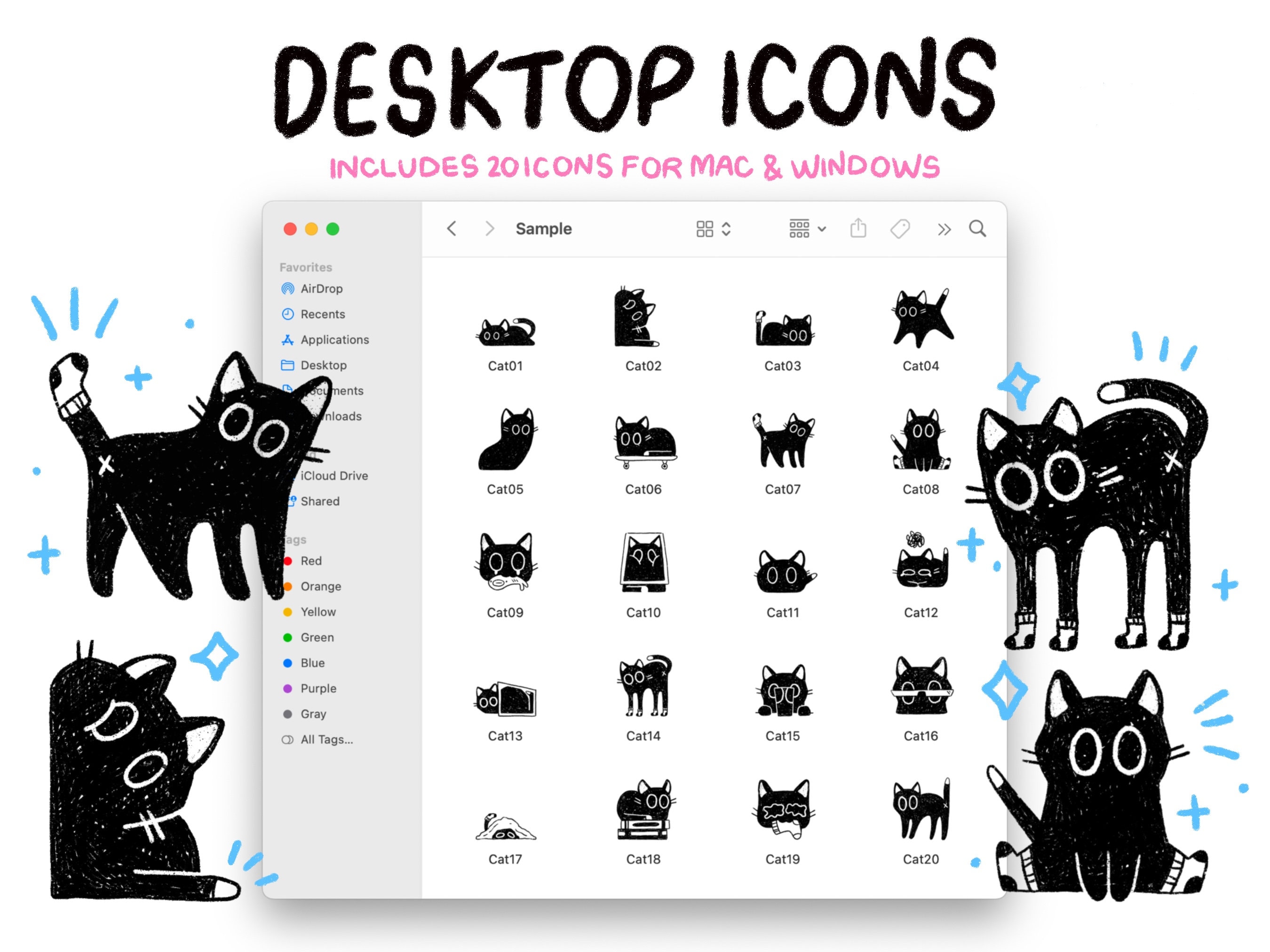 Cat Doodle Theme Computer Desktop Icon Folder Pack for Mac