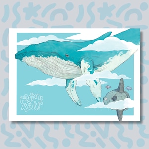 Ocean Parade, Whale & Sunfish - A4 Art Print