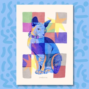 May include: Art print of a Sphynx cat. The image shows a blue and purple Sphynx cat with a collar, set against a checkered background of various colours. The print has a watercolor effect and the artist's signature is visible.