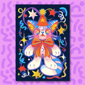 Puede incluir: Ilustración colorida de un gato con gorro de fiesta y lazo. El gato blanco tiene detalles arcoíris. Fondo azul oscuro con estrellas y confeti. El texto "@radiant_cat" es visible. Diseño alegre y caprichoso.