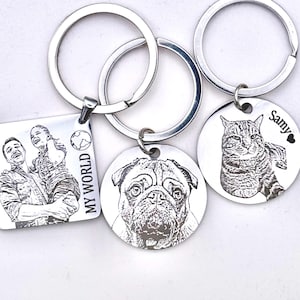 Portachiavi con foto incisa con qualsiasi immagine / Portachiavi per animali domestici / Portachiavi con foto / Ritratto di animale domestico / Disegno a tratteggio / Incisione laser / Cane e gatto