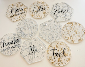 Personalized Acrylic Gold Leaf Place Setting: Wedding Favor Coaster