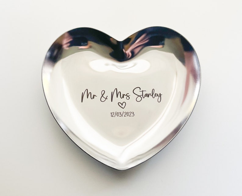 Personalised Heart Ring Tray Jewellery Tray Trinket Dish Engraved Metal Plate Bridesmaid Gift Wedding Ring Bowl image 1