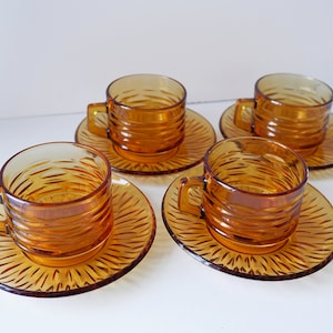 Amber glass coffee cup set of four 4 with saucers | Vintage colored and textured glass tea glasses | 80&#39;s drinks serving set in orange brown
