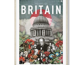 May include: A vintage-style poster with a collage of images related to Britain. The poster features a red sun, the dome of St. Paul's Cathedral, and a portrait of Winston Churchill. The text "BRIT GOES POP" and "BRITAIN" are printed in white on a blue background.