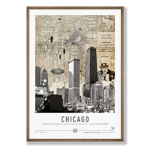 Póster de Chicago. Póster del horizonte de Chicago. Póster del ferrocarril estadounidense. Mapa vintage de Chicago. Iconos estadounidenses. Torre Sears. Póster de escapada urbana.