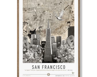 Könnte beinhalten: Eine Schwarzweiß-Collage von San Francisco, Kalifornien. Das Bild zeigt die Transamerica Pyramid, eine Taube, die über der Stadt fliegt, und eine Karte der Stadt. Der Text "San Francisco" steht in großen, fetten Buchstaben am unteren Rand des Bildes. Der Text "Los Angeles? Das ist nur ein großer Parkplatz, wo man einen Hamburger für die Reise nach San Francisco kauft" steht in kleineren Buchstaben unter dem Städtenamen. Der Text "City Breaks" befindet sich in der linken unteren Ecke des Bildes. Der Text "San Francisco, USA 37.7749° N, 122.4194° W" befindet sich in der rechten unteren Ecke des Bildes.