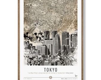 Tokio Poster. Tokyo Karte. Tokio Skyline. Japanische Kultur. Berg Fuji. Vintage Geisha. Tokyo Sehenswürdigkeiten.