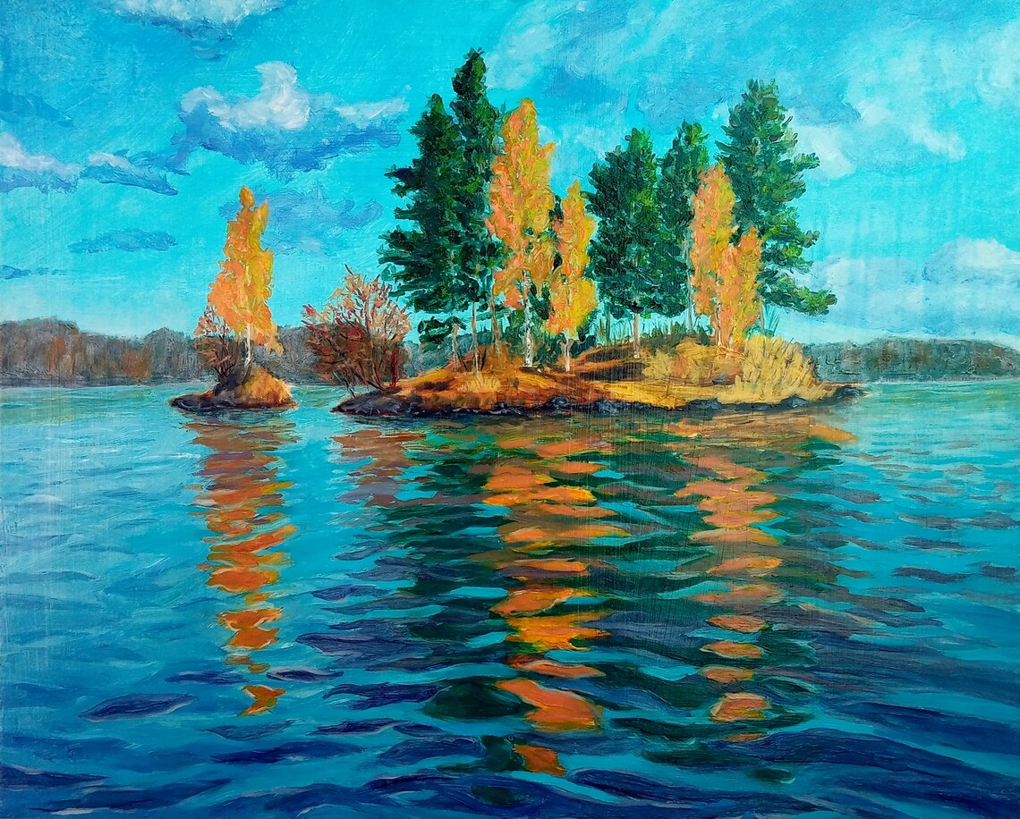 Island Lake Original Oil Painting on Canvas Nature River Etsy