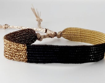 Hand-woven bracelet: The &quot;Phantom of the Opera&quot; in black silk thread, vintage bronze thread, black and bronze lurex thread.