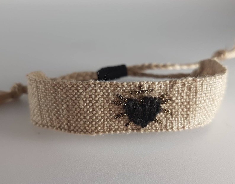 The Heart of the Black Virgin: Hand-woven bracelet, twine linen thread, black sacred heart embroidery in silk and gold and black lurex thread. image 1