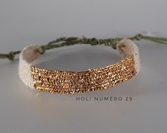 Hand-woven bracelet: The &quot;Champagne Cup&quot;, in raw Japanese cotton thread and gold thread.