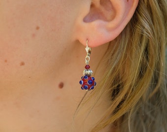 Red earrings with blue "dots", made of Murano glass, 925 silver parts, lockable silver ear hooks and Swarovski glass cut beads