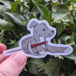 May include: A cartoon dog, grey and white in colour, wearing a red harness and a leash. The dog is sitting on its hind legs with its front paws outstretched.
