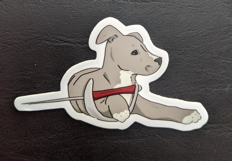 May include: A grey and white puppy with a red collar is lying on its side with its head turned to the right. The puppy is wearing a red collar with a silver buckle.
