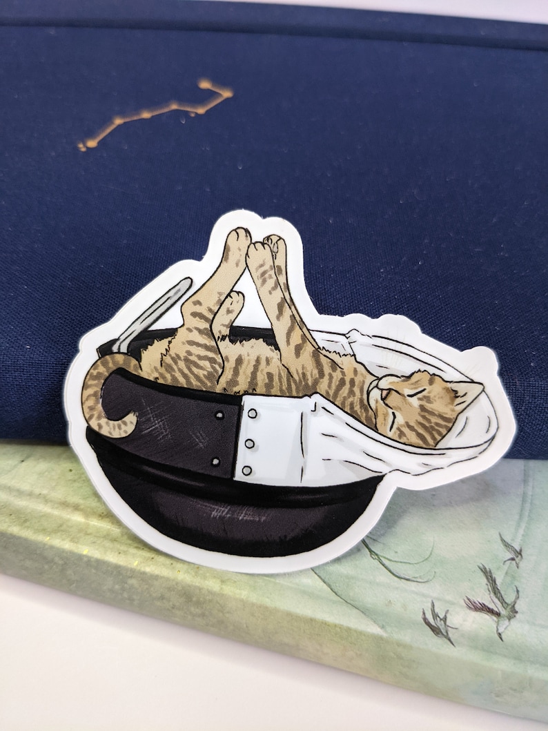 May include: A sticker of a tabby cat curled up inside a black and white pot. The cat is sleeping with its eyes closed. The sticker is on a blue background.