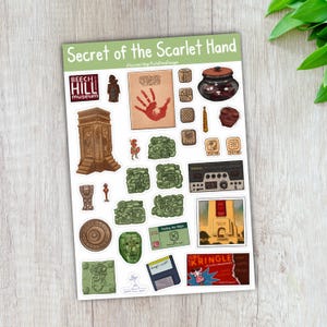 May include: A set of 20 stickers featuring illustrations from the video game "Secret of the Scarlet Hand". The stickers include a variety of characters, objects, and locations from the game, such as the Beech Hill Museum, a handprint, a radio, and a map.