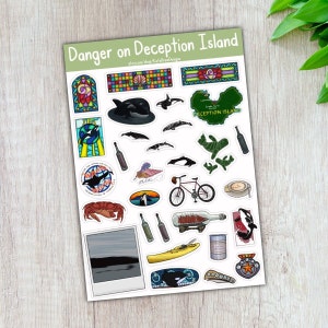 May include: A sheet of stickers featuring illustrations of a variety of items related to Deception Island, Antarctica. The stickers include a map of the island, a penguin, a crab, a bottle, a bicycle, a kayak, a stained glass window, and a whale. The text "Danger on Deception Island" is at the top of the sheet.