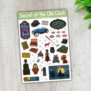 May include: A set of 20 stickers featuring illustrations of various objects, including a car, a clock, a typewriter, a cat, a horse, a sign that says "The Lilac Inn Est 1905", and a sign that says "Topham School Paranormal Powers".