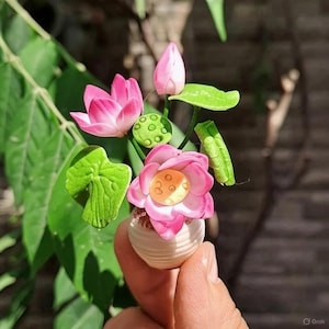 1:12 Dollhouse Miniature Pink Lotus in Vintage Pot – Vietnamese Traditional Flower