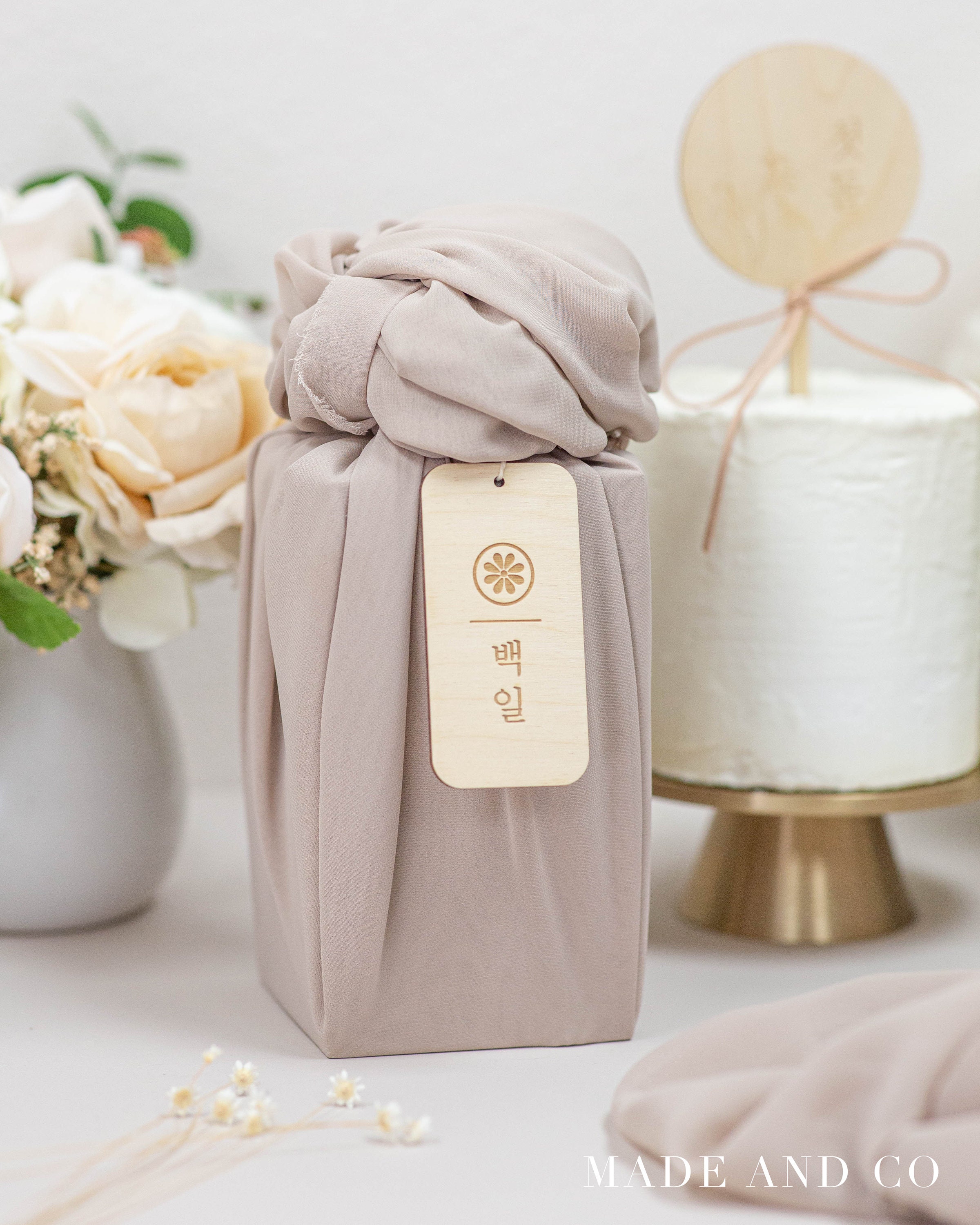 Modern Traditional Korean Dohl Ornament - Baekil 백일 100th Day, Korean First Birthday 첫돌, Doljanchi, Natural Birchwood, Gift Tag