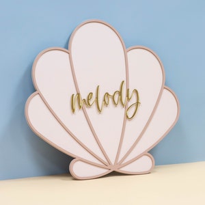 Hand Crafted Wood Seashell Name Sign | Spray Painted Wall Decor 20&quot;x18.5&quot; Mermaid Under The Sea Baby Shower Birthday Gift Nursery Room Decor