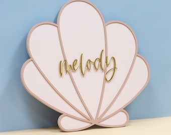 Hand Crafted Wood Seashell Name Sign | Spray Painted Wall Decor 20"x18.5" Mermaid Under The Sea Baby Shower Birthday Gift Nursery Room Decor