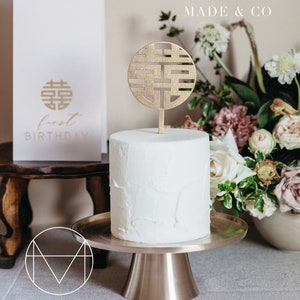 Modern Traditional Korean 3.5” Gold Painted Topper Sign | Double Happiness Gold Baekil, Wedding Party Natural Birchwood Engraved Photo Decor