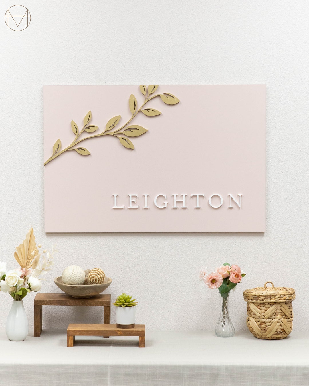 Custom Wood Gold Painted Floral Name Sign | Hand Painted Wall Decor ...