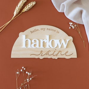 Custom Birth Announcement Hello My Name Is Baby Name Sign | Baby Shower Gift, Hello World, Boho Rainbow Wood Name Sign, Keepsake for Newborn