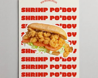 Konsttryck med räkor och pojke: Köksdekor i New Orleans, Louisiana (digital nedladdning)