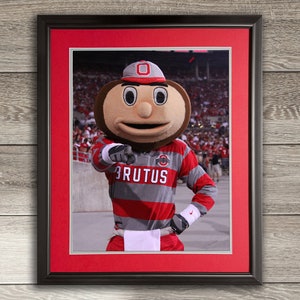May include: A framed photo of Brutus Buckeye, the Ohio State University mascot, wearing a red and gray striped jersey with the word "BRUTUS" on the front. He is pointing with his right hand and smiling.
