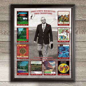 May include: A framed collage of vintage Ohio State Buckeyes football game programs from the 1968 season. The collage features a black and white photo of Woody Hayes, the Ohio State head coach, walking across a football field. The text "Ohio State Buckeyes 1968 Champions" is at the top of the collage. The collage includes the scores of each game, including the opponent's name and the final score. The text "You can never pay back, but you can always pay forward." is in the center of the collage.