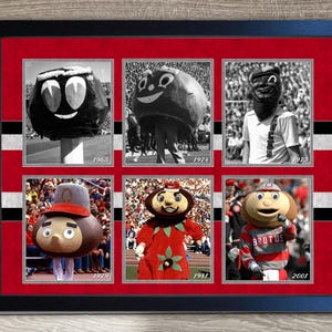 May include: Framed print featuring six black and white and color images of mascots from different years. The images are arranged in a grid, with each image labeled with a year. The frame is black with a red matting.