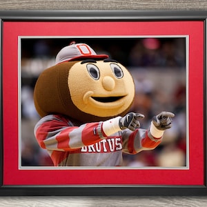 May include: A cartoon mascot wearing a red and gray striped shirt with a gray cap and a brown face. The mascot is pointing with both hands and has a big smile. The mascot is named "Brutus".
