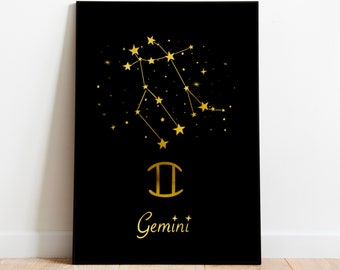 Gemini Astrology Sign, Zodiac Constellation, Stars, Digital wall art, Wall Art Decor, Spiritual art, Celestial, Digital download printable