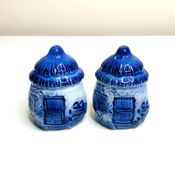 Vintage salt & pepper shakers - made in Japan - blue thatched roof huts / cottages